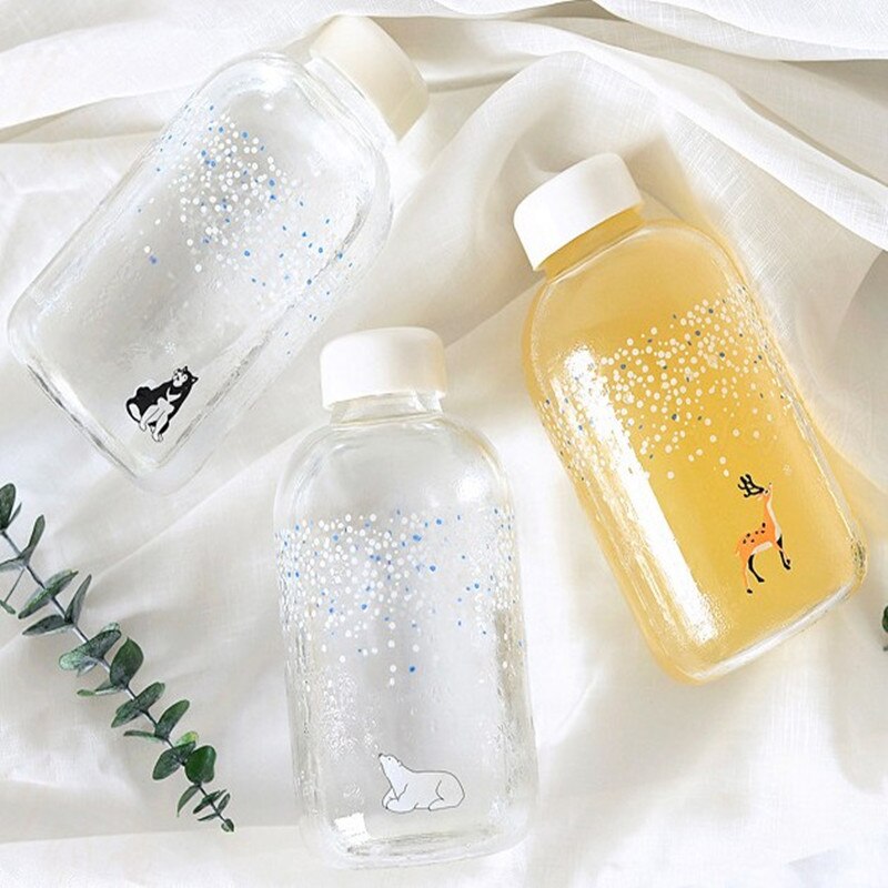 Botella de agua de cristal hecha a mano con patrón de animales, con nieve fresca, con bolsa de almacenamiento, SH174-112 de botella de cristal