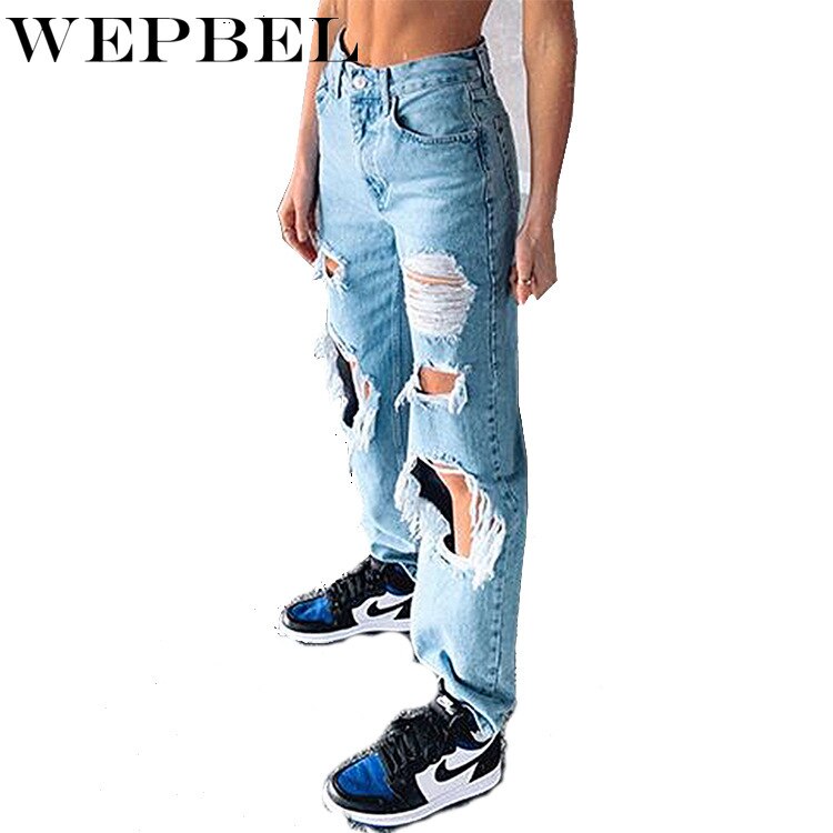 Wepbel dames casual gat gebleekte gescheurde jeans herfst mid-waist knoop rechte jeans
