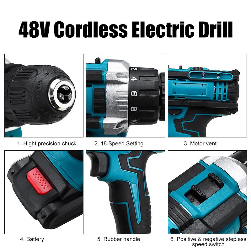 Drillpro-taladro eléctrico inalámbrico de 48V, 18 + 2 Torque, destornillador, mini taladro eléctrico, herramienta eléctrica con 2 piezas de batería de iones de litio