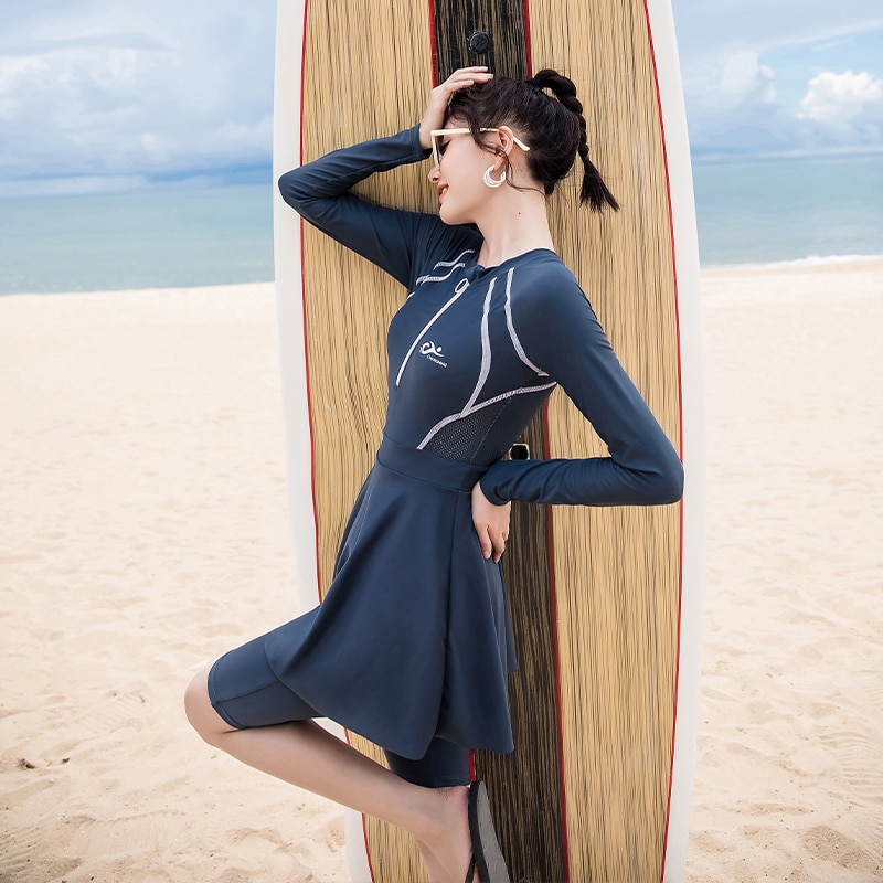 Sportful ærme lynlås høj hals 1 stykke badedragt kvinder badetøj kvindelig solid surfing badedragt korte bukser med nederdel