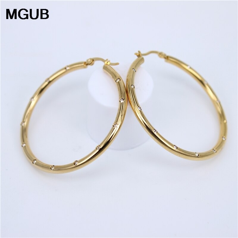 MGUB Diameter 35MM-55MM Big crystal Hoop Earrings Gold Color Stainless Steel Jewelry Circle Round Earrings For Women LH501