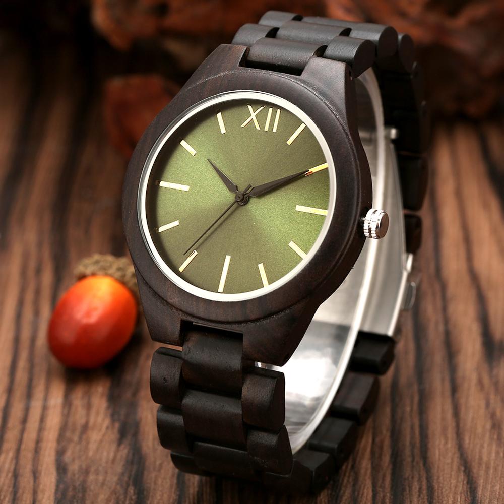 Elegante Ebbenhout Mannen Houten Horloge Eenvoudige Groene Wijzerplaat Zwarte Band Met Gouden Nagels Mannen Houten Horloge Duurzaam Vouwsluiting horloge