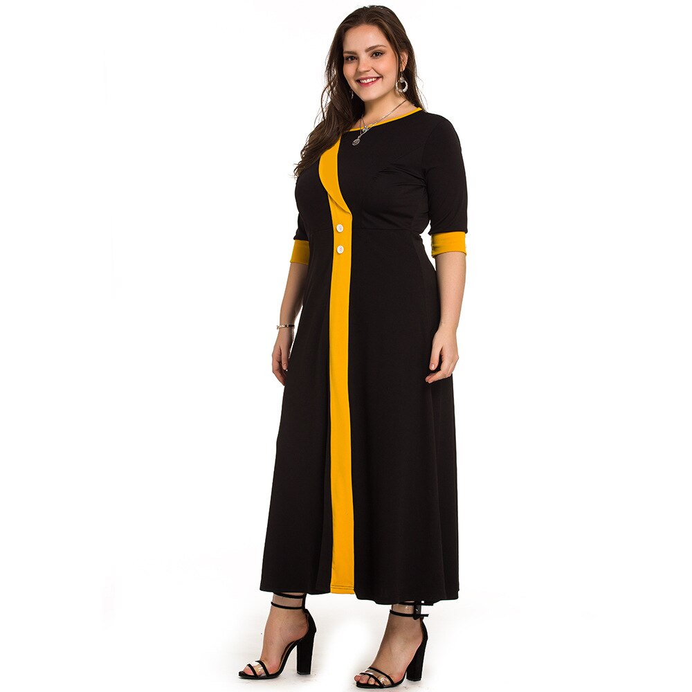 Plus size dame kontorkjole kvinder sommer kontrast multicolor festkjoler sort maxi lang kjole