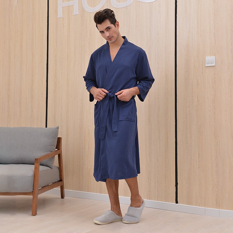 Grande taille robe de chambre homme gaufre Plaid peignoir homme solide bain Rob Hotel maison chemise de nuit à manches longues à lacets manteau pyjamas: Navy Blue / M(40-70kg)