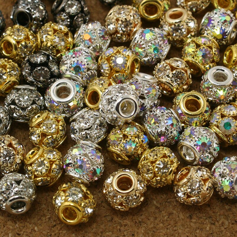 20pcs 8x9mm Round Ball Crystal Rhinestone Hollow Rondelle Spacer Bead for Handmade European Bracelet Jewelry Making