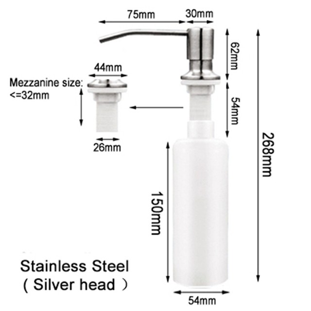 300Ml Aanrecht Zeepdispenser Zwart Abs Dispenser Wasmiddel Vloeibare Zeep Lotion Dispensers Roestvrij Stalen Kop: Silver
