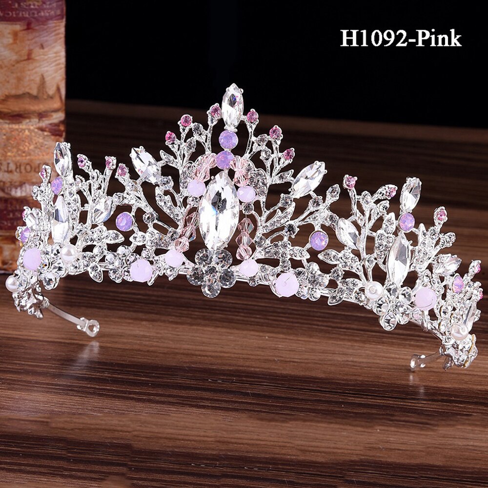 Traugel-couronne de mariée en or, diadème de luxe, couronne de mariage, accessoires de bijouterie pour femmes: H1092-Pink