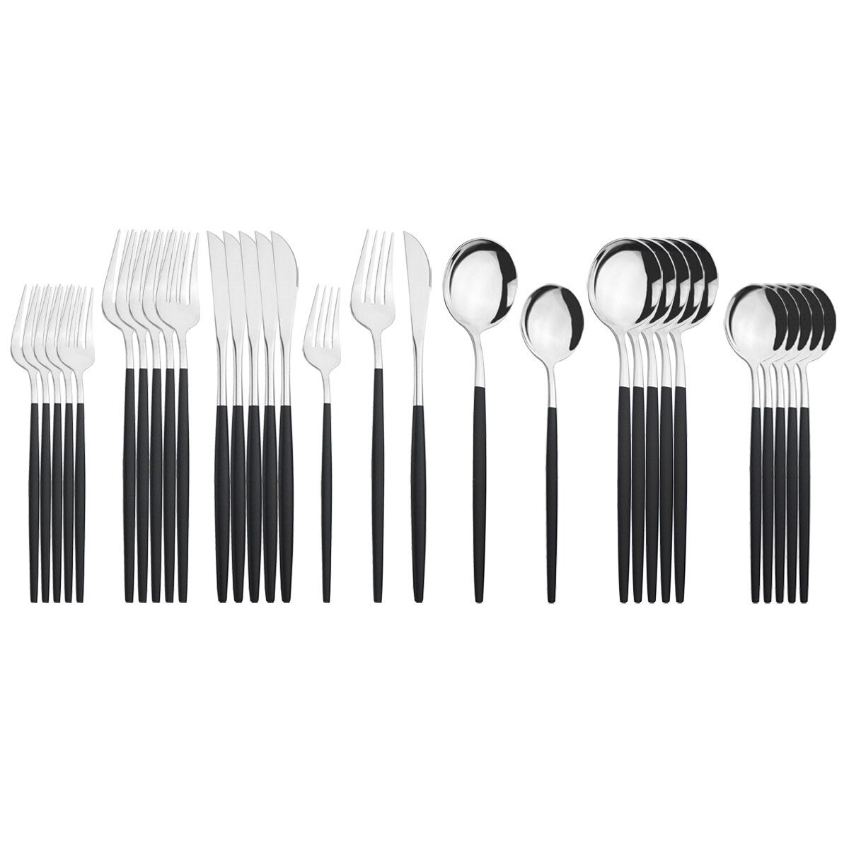 30Pcs White Gold Cutlery Set Stainless Steel Dinnerware Set Knife Fork Spoons Tableware Set Home Kitchen Flatware Silverware Set: Black Silver