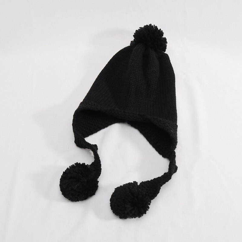 Kinderen wintermuts schattige pompon gebreide babymutsen effen kleur bescherm oorkap voor kinderen jongens meisjes warme benaie: Zwart