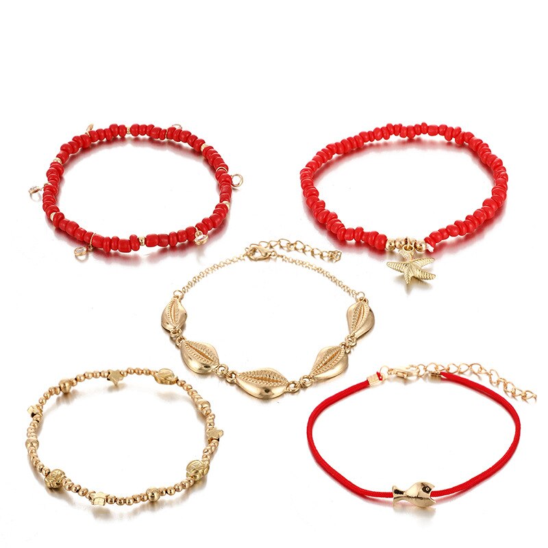 GUVIVI Gold Color Chain Bracelet on Leg Beach Ankle Jewelry Bohemian Pendant Anklets Beads Anklets for Women: SM0458