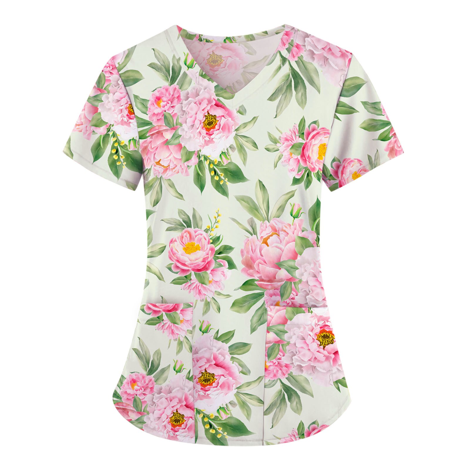 Vrouwen Blouse Korte Mouw V-hals Bloemen Patroon Femme Tops Kliniek Kleding Met Pocket Verpleging Werken Uniform Shirts: Mint Green / S