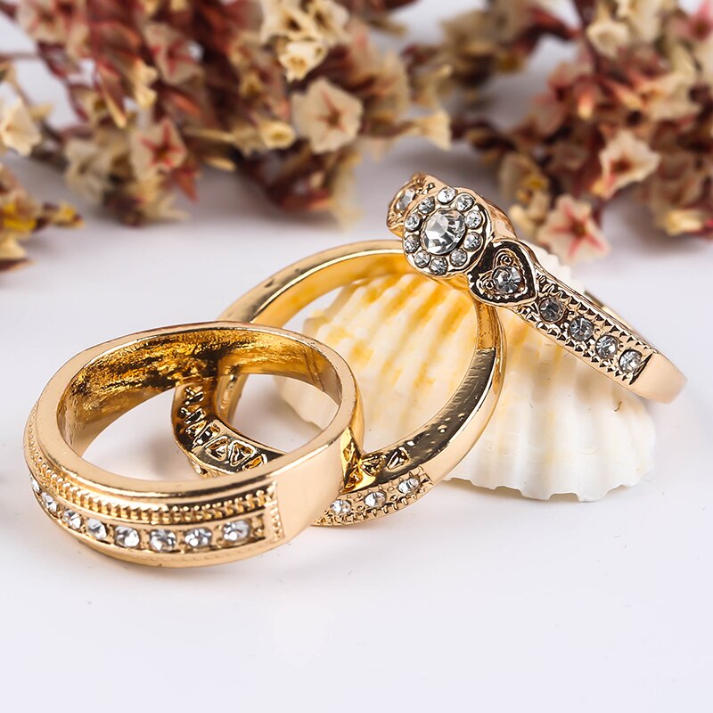 Gorgeous Yellow Gold Filled Rhinestone CZ Wedding Rings Luxury Love Heart Shaped Couple Rings Charm Jewelry 3 Pcs/Set Z5M398