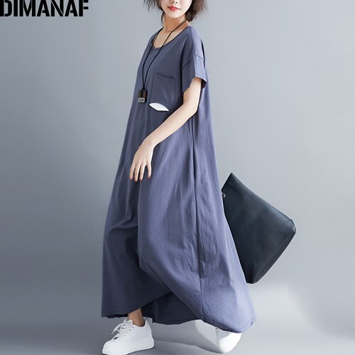 Dimanaf plus size vestido feminino tamanho grande algodão vestidos femininos roupas soltas casual senhora maxi vestido longo básico sólido verão 2021: Yi98119CN-hui / L