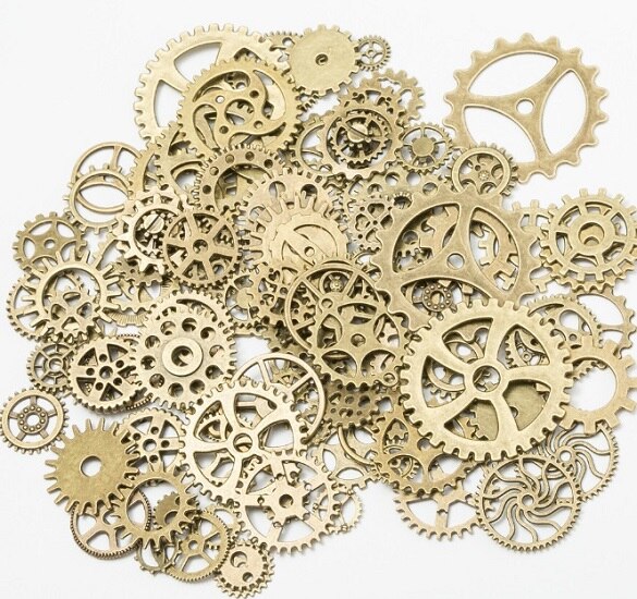 100g Metal Alloy Mixed Cogs Gears Steampunk Charms for Pendants Embellishments Antique Silver Golden and Rose Gold Color: Antique brass
