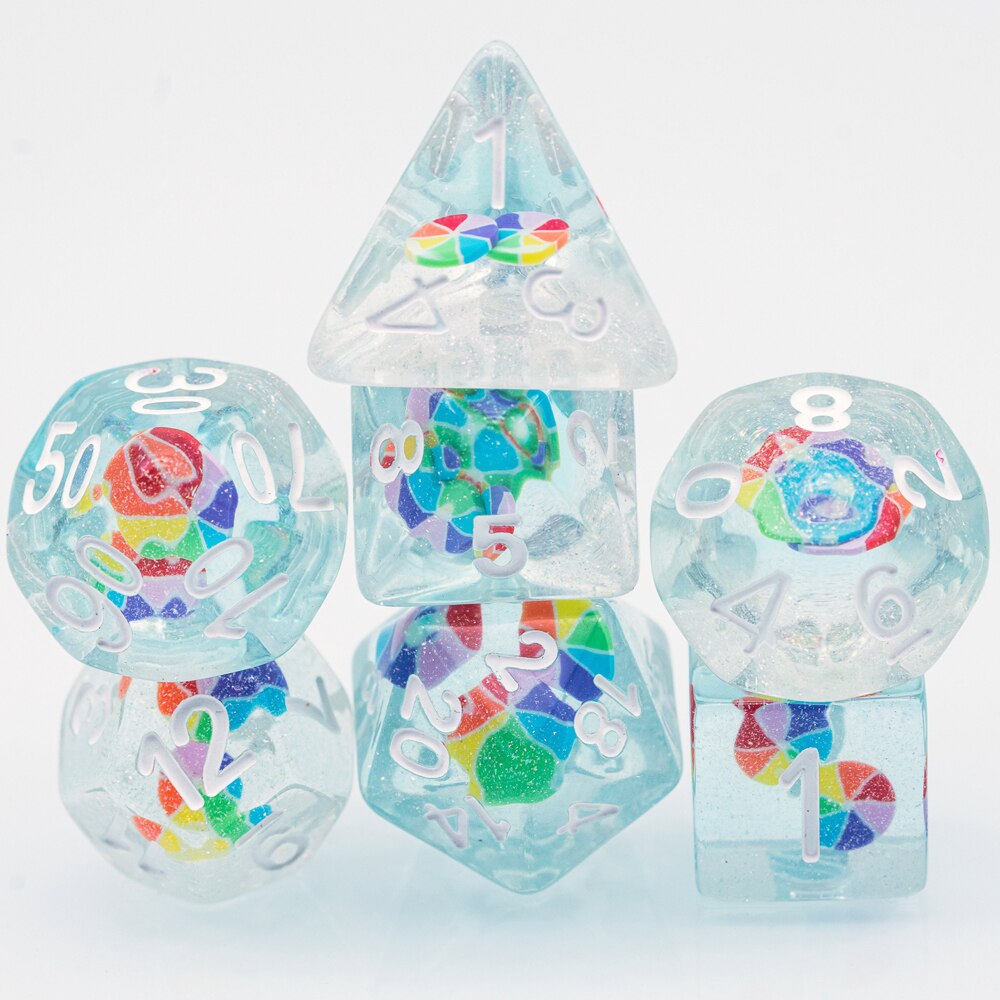 7Pcs/Set Fruit Slices DND Dice D&D Dice Set D4 D6 D8 D10 D% D12 D20 Polyhedral Games Dice Set for Table Games MTG RPG: Rainbow Slices
