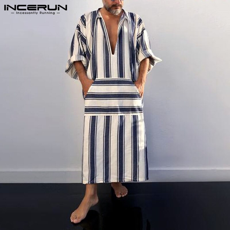 Incerun heren islamitische jubba thobe gestreepte vetersluiting losse lange mouwen gewaad zakken midden-oosten dubai kaftan heren islamitische arabische kaftan