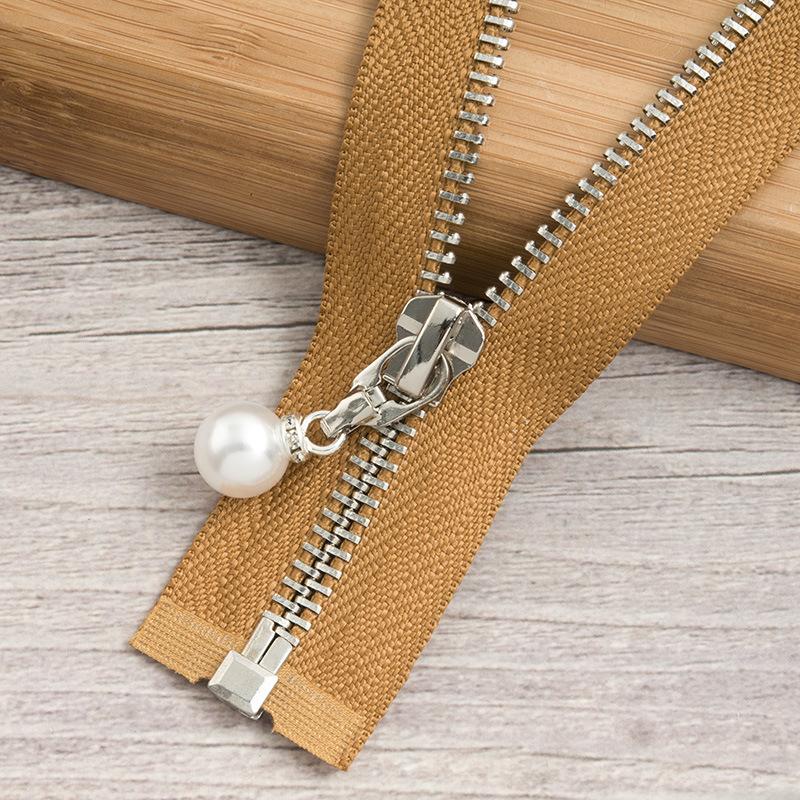 N. ° 5 cremallera de Metal con cremallera de cola abierta deslizante de perlas dentadas de cobre ropa de otoño invierno chaqueta falda de cuero tira de cremallera de doble cabeza: Camel silver teeth