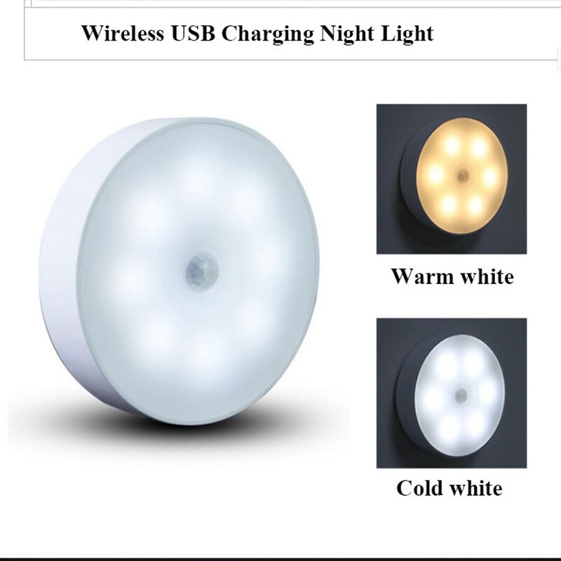 Usb genopladelig 8 led runde bevægelsessensor natlys under skab lys skabslampe køkken soveværelse dekoration