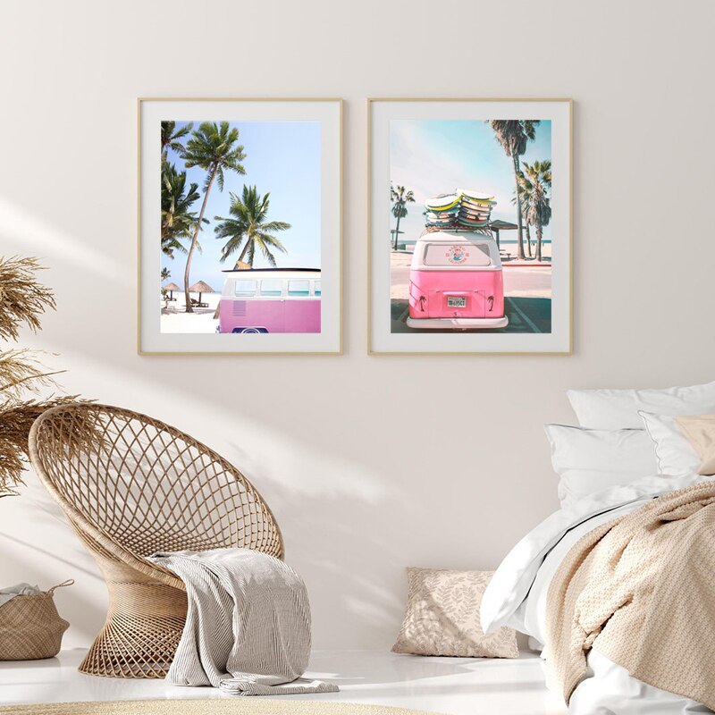 Roze Bus Strand Landschap Schilderen Palm Boom Surfplank Foto Poster Print Muur Foto 'S Voor Woonkamer Wall Art Decor