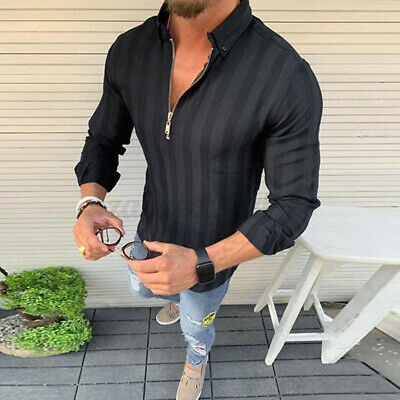 Heren t-shirt met lange mouwen en halve rits, slim fit blouse, tops en shirts