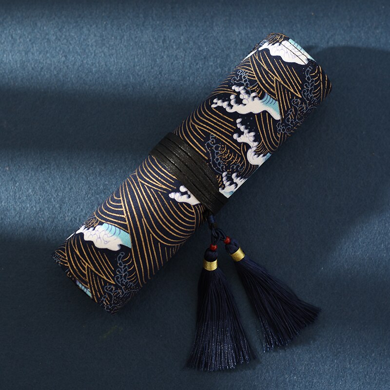 7.5 inch Antiquity Pencil Case Pen Wrap Double Tassel Ocean Wave Printing Sea Cliff Coffee Flower 4/7/10 Slots Clear Pattern