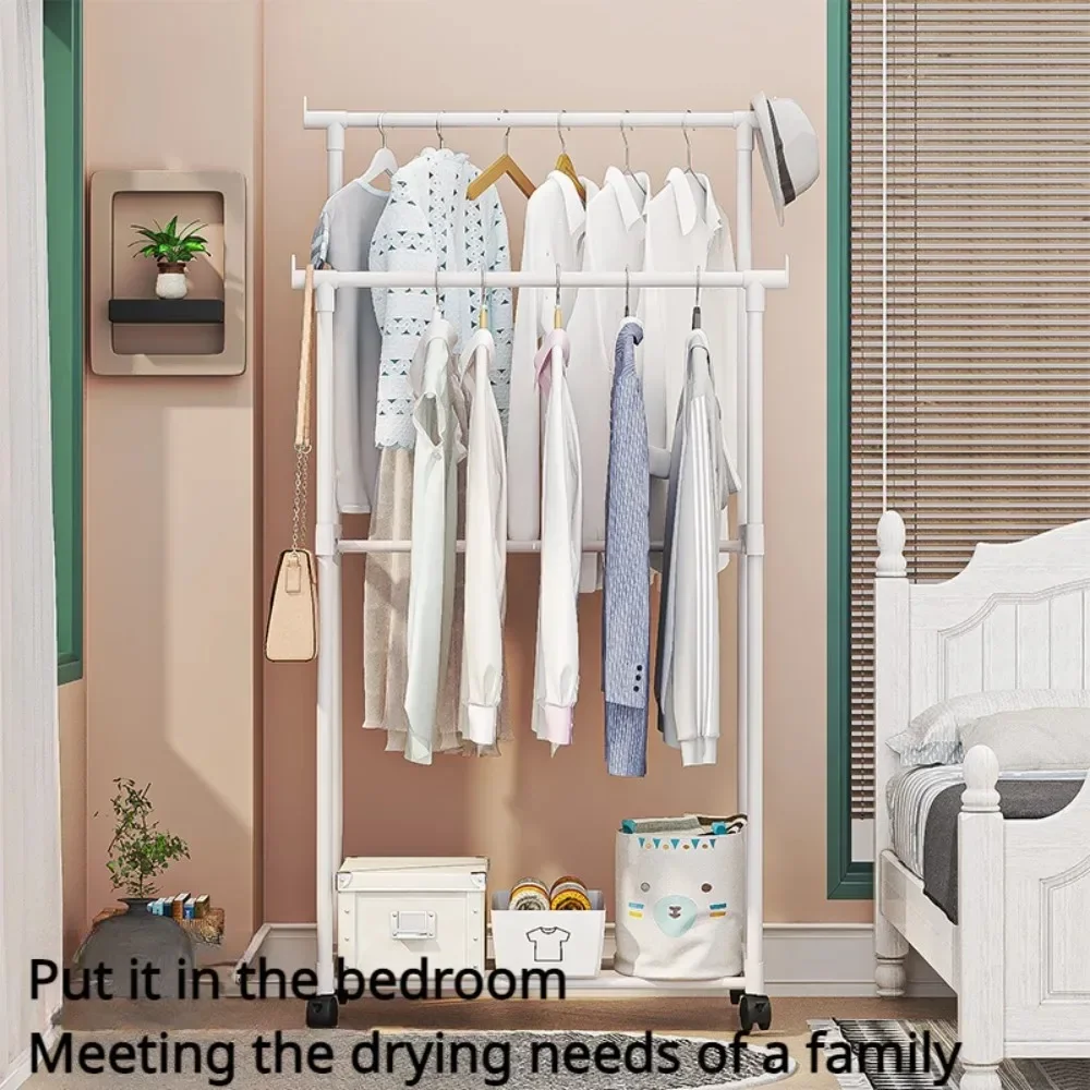 Porte-vêtements Double tige multifonctionnel Portable cintre chambre étagère avec roue étagère rangement porte-vêtements sol mobile manteau