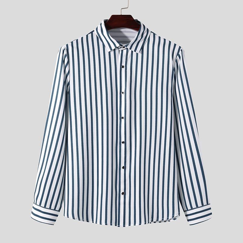 Raidalliset paidat incerun miesten pitkähihainen alaspäin kaulus sosiaalinen camisa fitness puuvilla chemise miesten mekkopaidat s -3xl: Sininen / Xl
