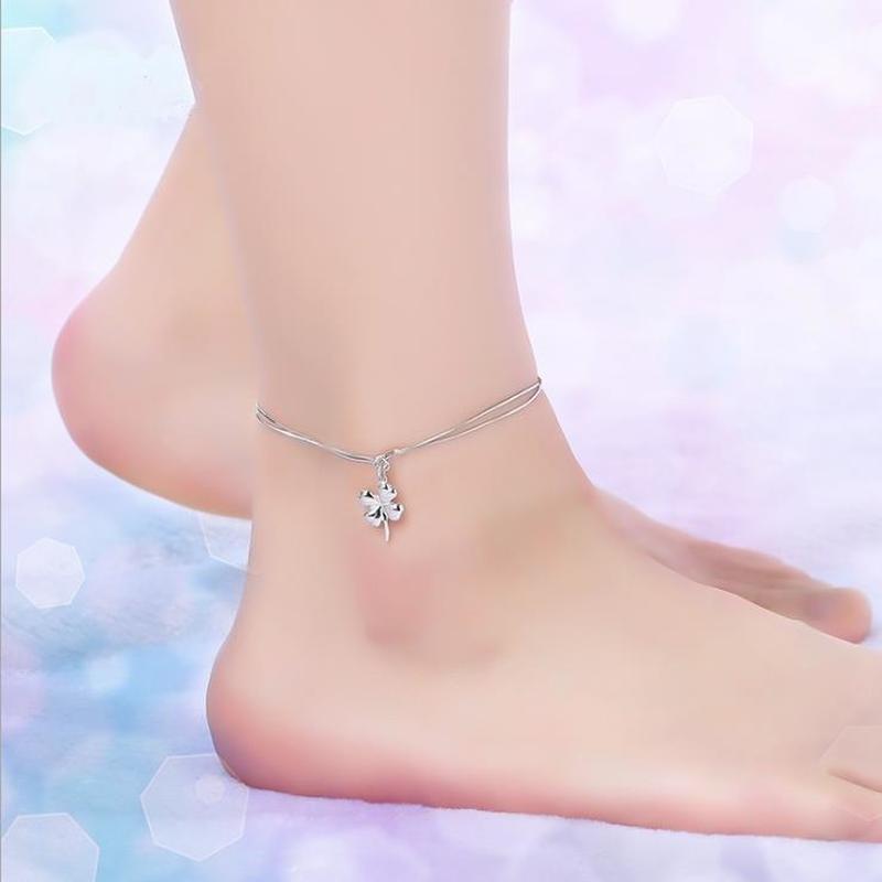 Trendy Star Square Anklets Jewelry For Women Silver 925 Bracelets Girl Valentine&#39;s Day Cute Clover Anklets For Lady