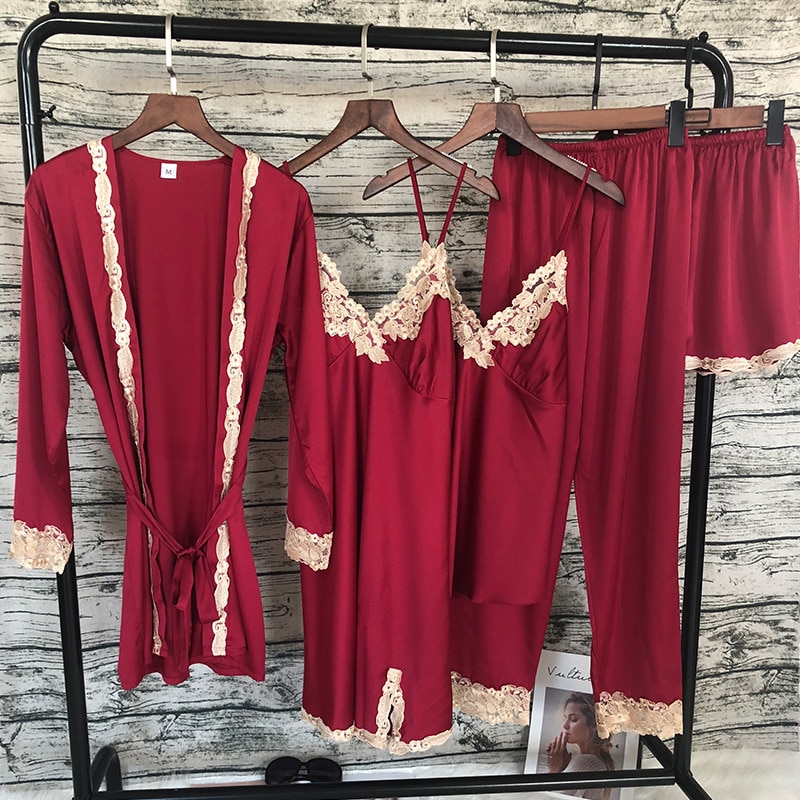Kvinder satin nattøj 5 stykker pyjamas sexet blonde pyjamas sove lounge pyjamas silke nat hjemmetøj pyjamas jakkesæt