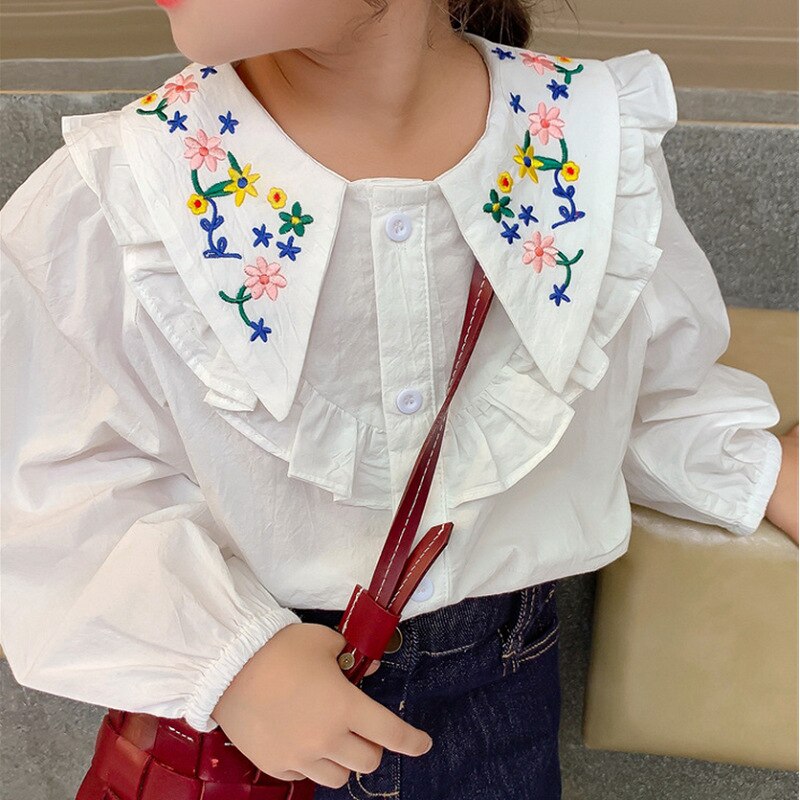 Meisjes Shirt Borduren Grote Kraag Lange Mouwen Top Kant Stiksels Lange Mouwen Shirt 2022 Lente Casual Kinderkleding: 5T