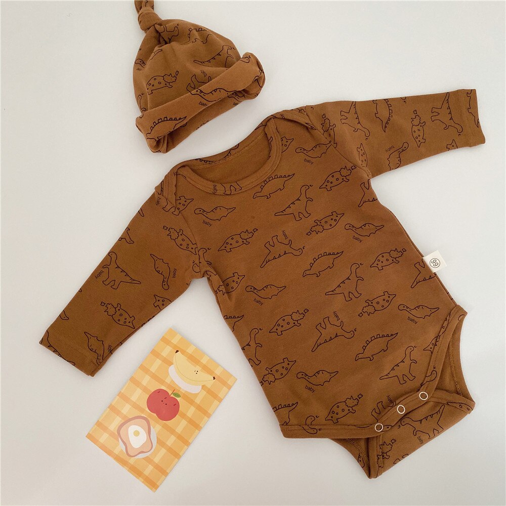 Milancel Baby Kleding Dinosaurus Print Baby Een Stuk Met Hoed Katoenen Baby Bodysuits Lente Peuter Kleding: brown bodysuit / 24M