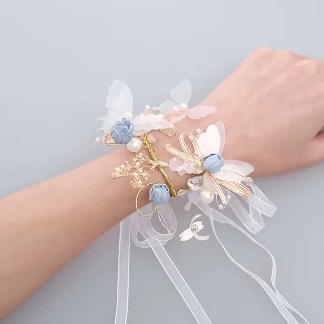 Imitation Pearls Corsage Bracelet Fabric Hand Flowers Girls Bridesmaid Wrist Flowers Wedding Party Accessories Party decor Rose: green
