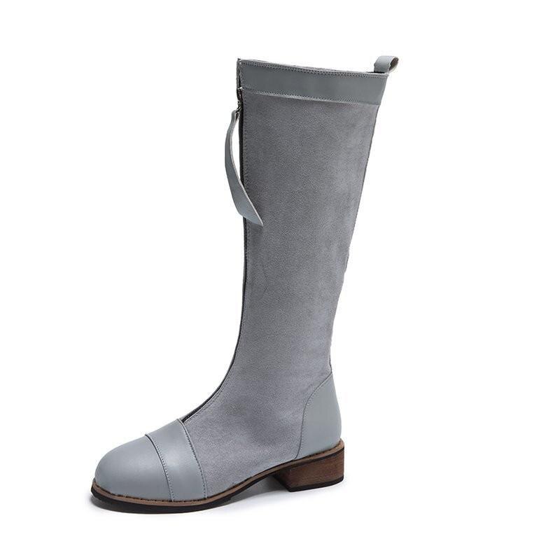 Bottes de créateur en cuir à genoux pour femmes, à bout rond, longues, épaisses, bloc, à talons hauts, noir, Beige: Gray / 38