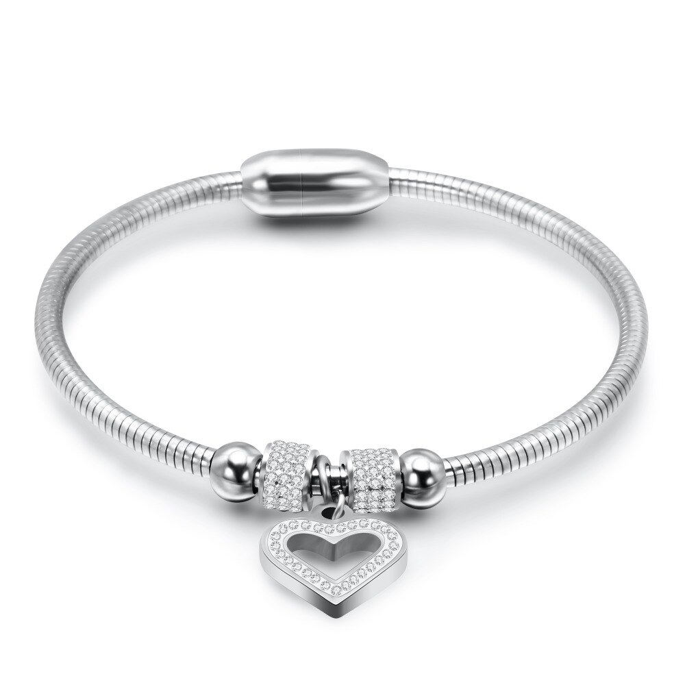 Style Heart Crystal Charm Bracelet Bangles Magnet Clasp With Snake Chain 316L Stainless Steel Women Wedding jewelry
