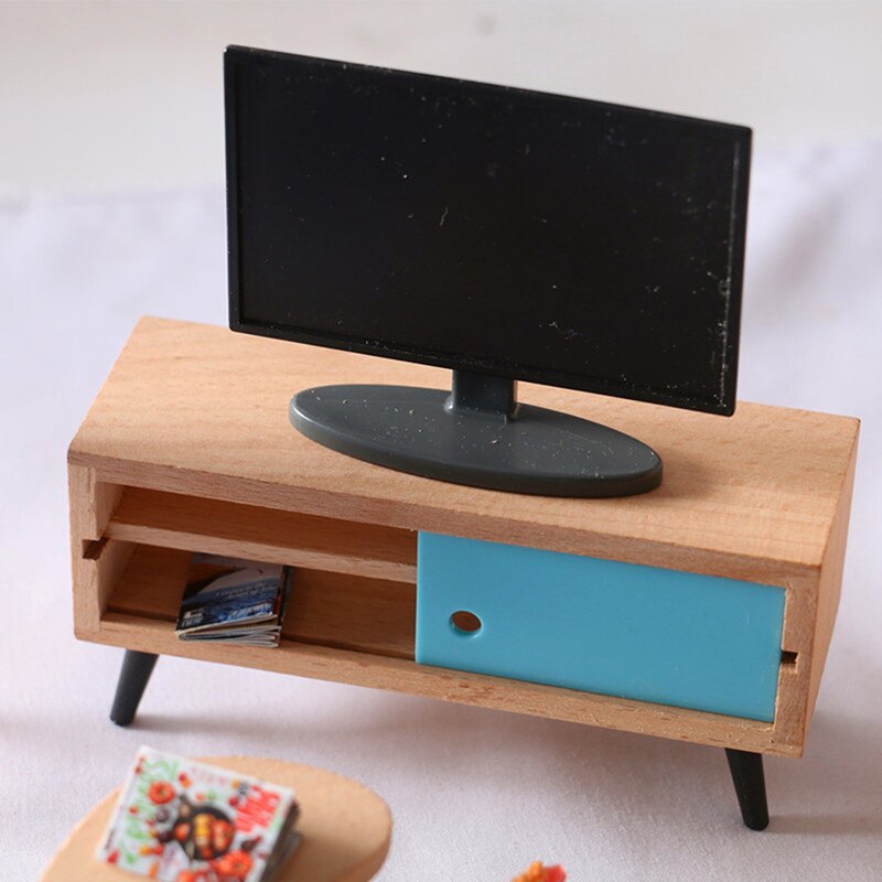 1 Set DIY Dollhouse Mini Living Room TV Sofa Set Wooden Furniture Miniature