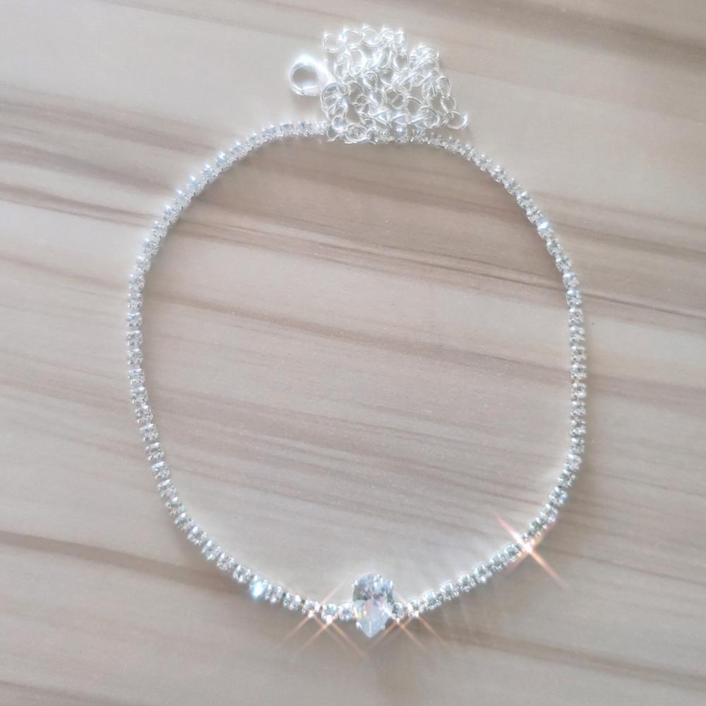 GLAMing Crystal Zircon Choker Necklace for Women Gold Chain Bling Water Shaped Silver-plated Tennis Chain Necklace Collar: Silver Plated