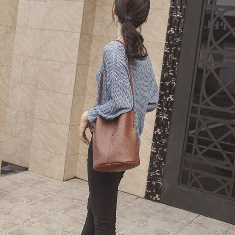 Retro bucket bag pu letaher skuldertaske stor kapacitet crossbody taske let shopping skuldertaske avanceret dame håndtaske
