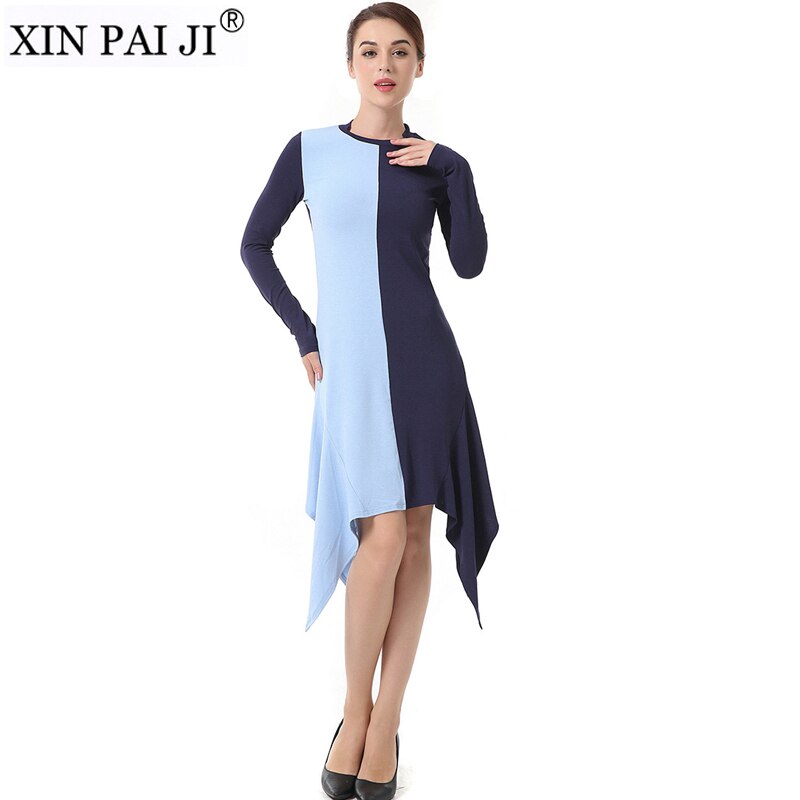 Spring Dress Round Neck Patchwork Color Women Casual Long Sleeve Irregular Slim Knitted Dress