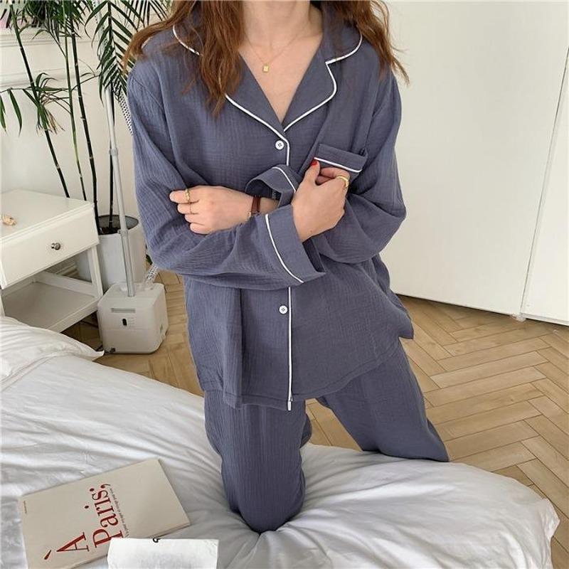 Pijamas coreanos de algodón para mujer y niña, ropa de dormir de manga larga, conjunto Simple de dos piezas, ropa de estar por casa, primavera y otoño,: hui / L