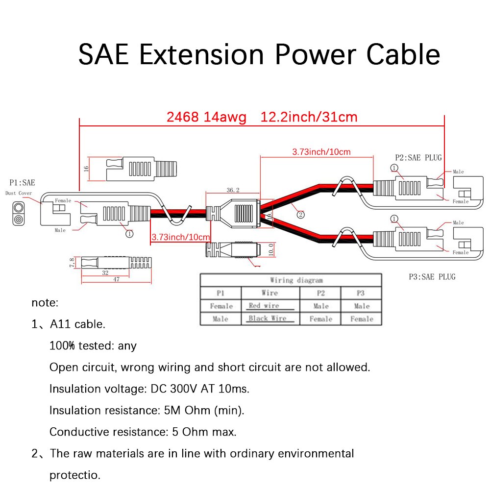 SAE DC Power Automotive Connector Cable Splitter 1 to 2 SAE Extension Cable Suitable for Solar Battery Connection 14AWG