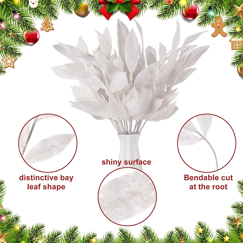 Weiße Weihnachts-Glitzerblätter, 34 cm, künstliche Weihnachtsbaumzweige für Weihnachtsbaum, Heimdekoration, DIY-Kranz, Basteln,