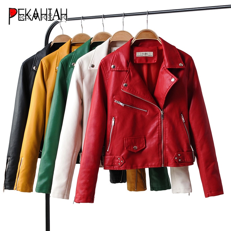 Chaqueta de cuero roja y amarilla para mujer, cazadora motera de PU con cremallera de manga larga, ropa de calle, abrigo de piel sintética negra para motocicleta,