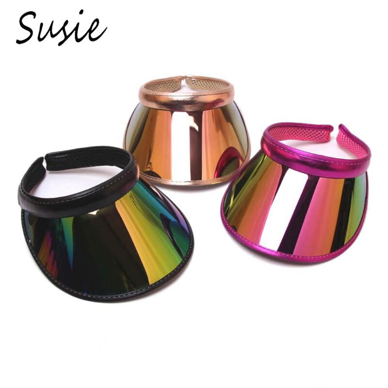 Women Men Hologram Rainbow Wide Brim Sun Visors Hat Topless Sunglasses UV Protection Plastic Panel Sportswear Clip-On Summer Cap