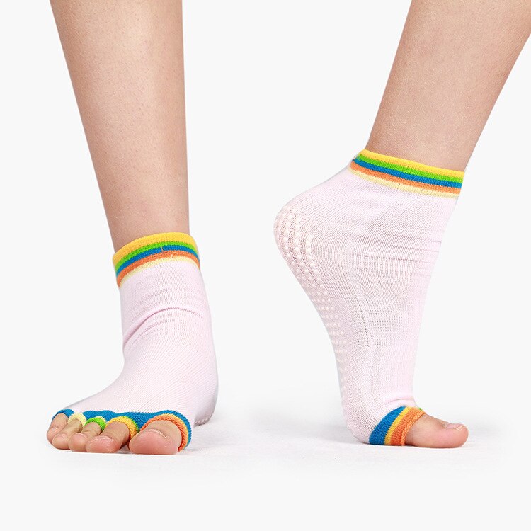 Kvinders bomulds yoga sokker adskilt fem finger åbne tæer sokker med skridsikker silikone gymnastiksport sportssokker: Lyserød
