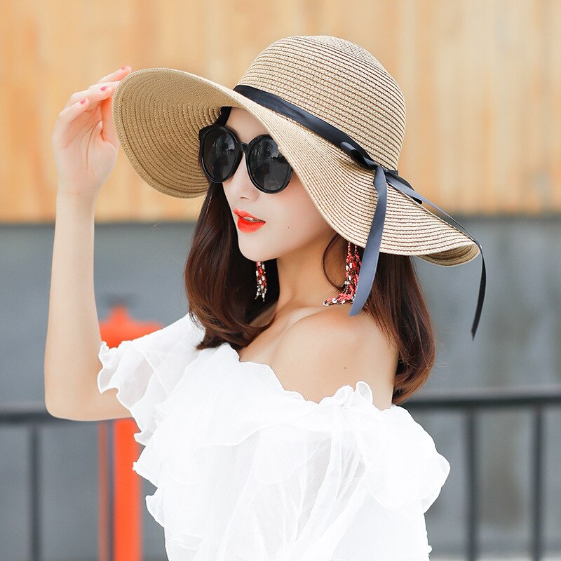 women's straw hat wide brim sun hat ladies solid black ribbon bow floppy beach hat female packable summer hat