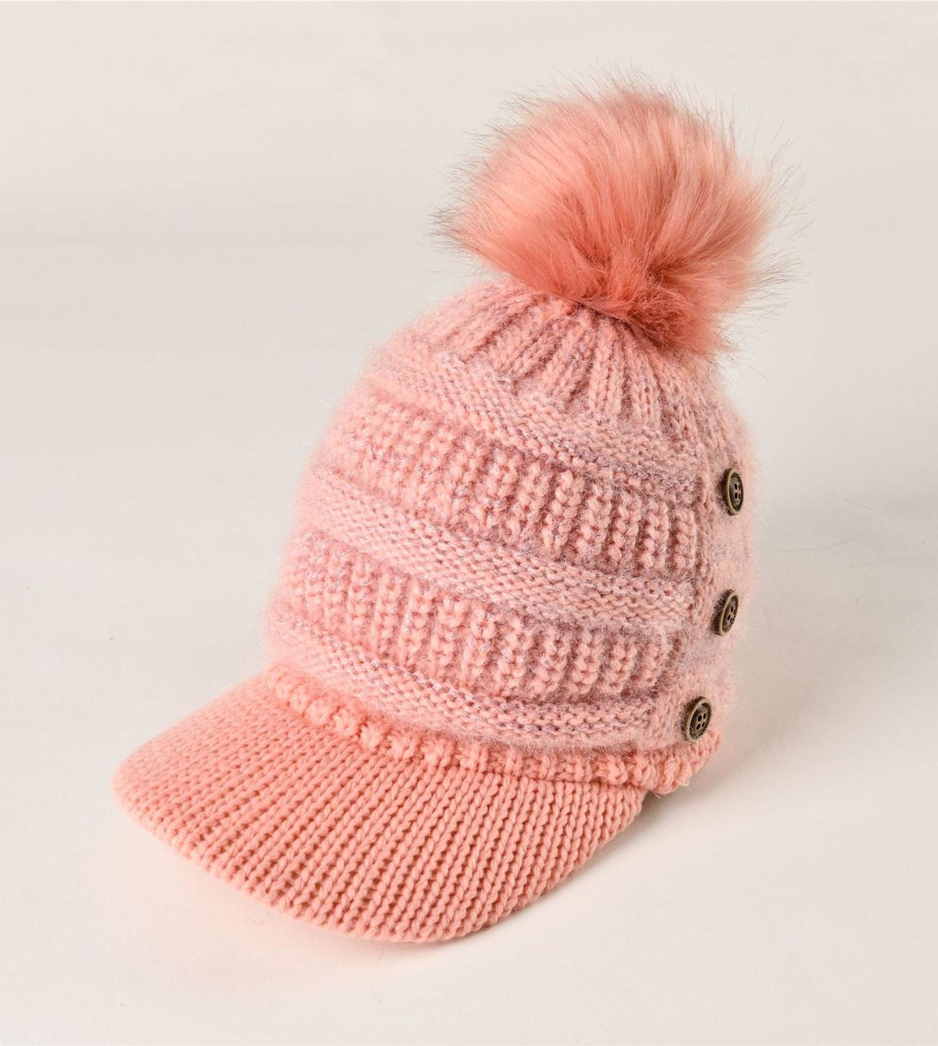 Gorro de lana con forma de bola para mujer, gorro de lana con forma de cúpula cálida, con botones, en 6 colores, para invierno y otoño: Rosa