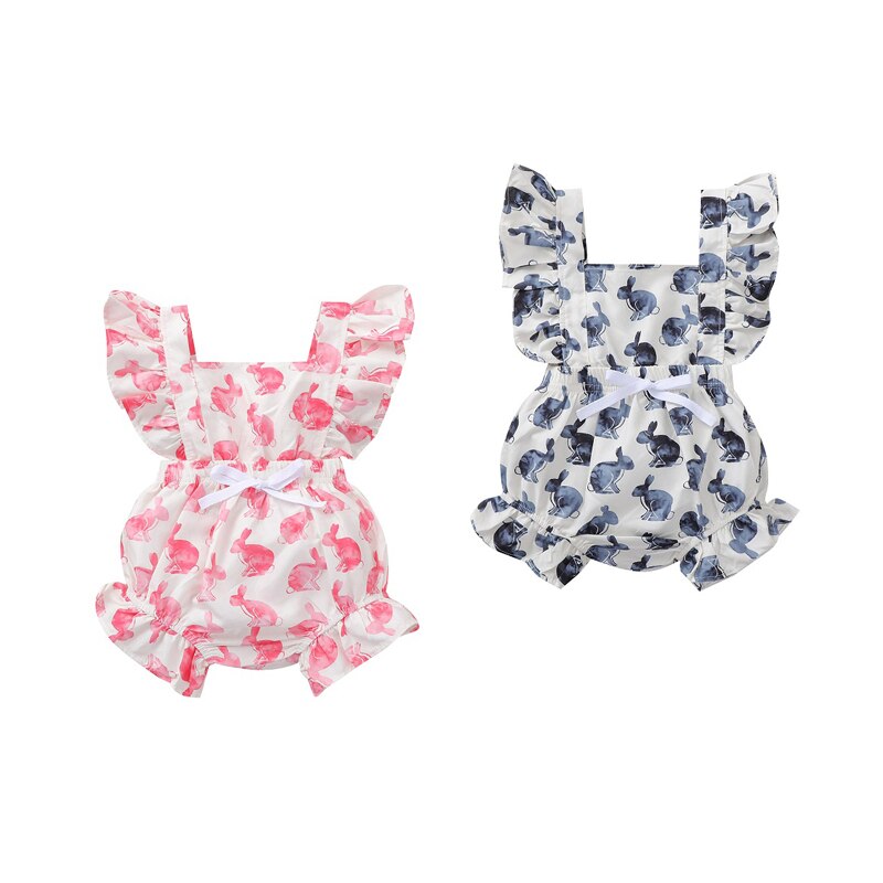 0-24M Pasgeboren Baby Meisje Jongens Rompertjes Ruches Mouwloze Konijn Print Elastische Jumpsuit Zomer Kleding