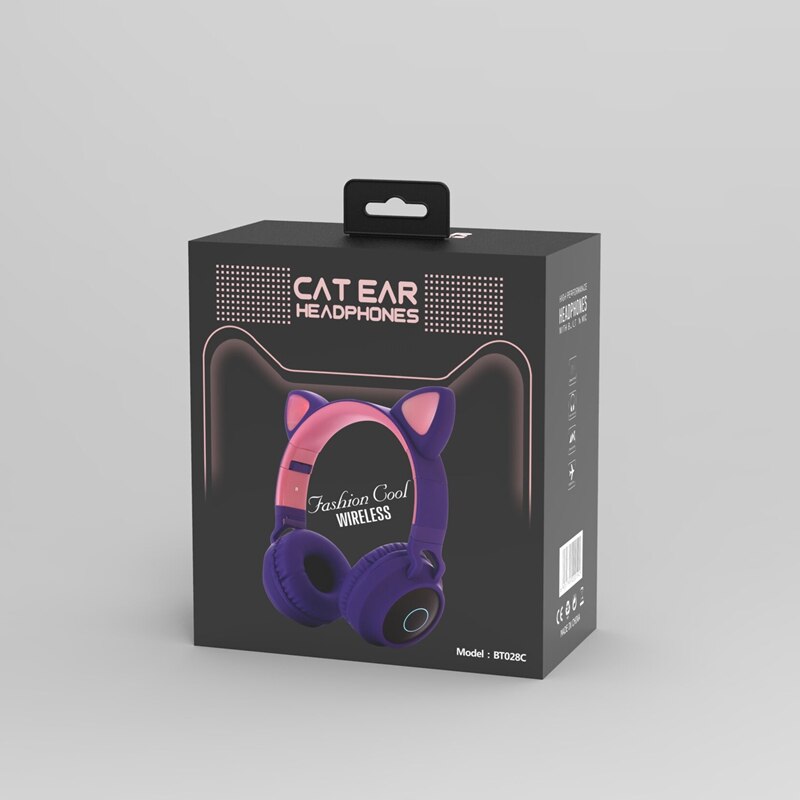 Dosmix LED Cat Ear Noise Cancelling Headphones Bluetooth 5.0 Kids Headset Support TF Card 3.5mm Plug With Microphone: Purple with box