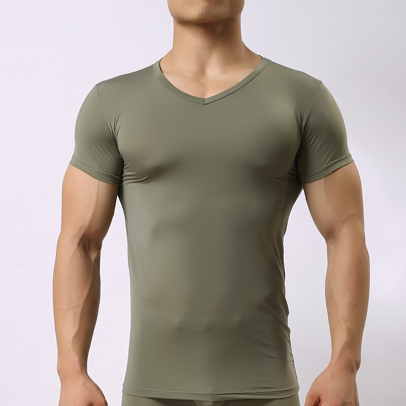Sexy Ultra-thin Sheer Man Fitness Polyester Undershirts Gay Ice Silk V-neck Transparent Shirts Size S M L XL