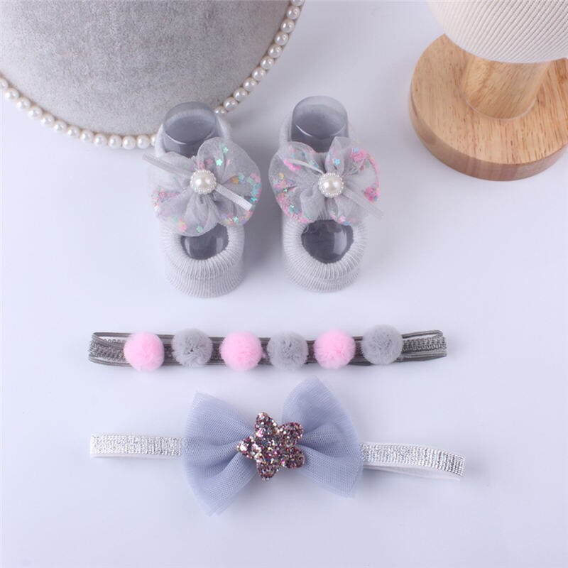 Prinzessinnen-socken- und haarband-einstellen für babys und kleinkinder, atmungsaktive spitze, pailletten, schleife, haarband mit blumenmuster, 3 -teilig